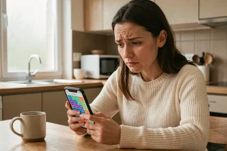 Femme concentrée qui joue à un jeu de mots Wordle sur son smartphone à la table de cuisine