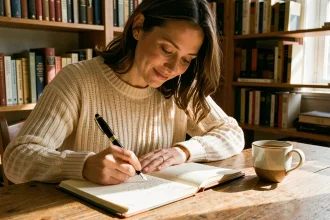 Femme écrivant une lettre manuscrite à la plume dans un carnet ouvert, ambiance chaleureuse et nostalgique