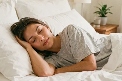 Femme endormie paisiblement dans un lit blanc, illustrant les bienfaits du sommeil sur la mémoire et la concentration