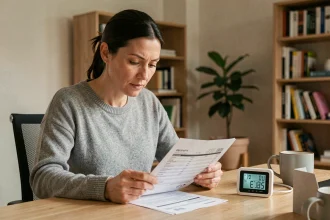 Femme consultant sa facture d'électricité et un compteur d'énergie affichant des valeurs en watts et ampères à son bureau à domicile