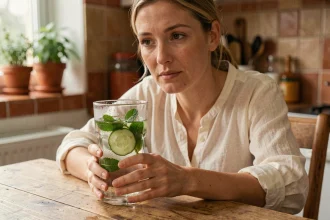 Femme tenant un verre d'eau infusée au concombre et à la menthe pour combattre la fatigue saisonnière