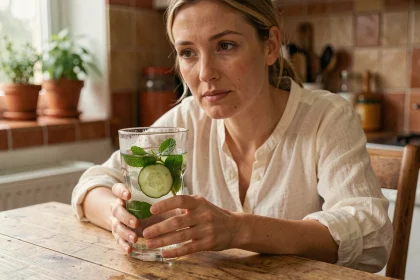 Femme tenant un verre d'eau infusée au concombre et à la menthe pour combattre la fatigue saisonnière