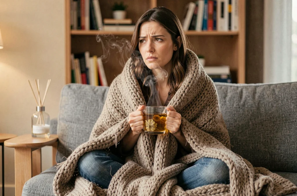 Jeune femme enveloppée dans un plaid tenant une infusion chaude pour se réhydrater et surmonter la fatigue saisonnière