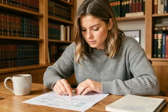 Femme concentrée résolvant un jeu de mots type Pedantix à son bureau entouré de dictionnaires
