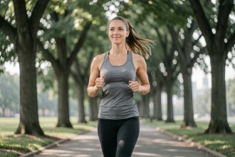 Femme qui fait du jogging dans un parc urbain pour réduire le stress quotidien grâce au sport régulier