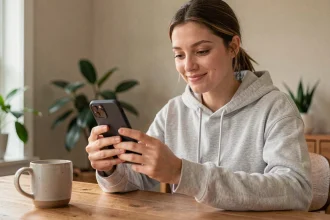 Jeune femme jouant à Coin Master sur smartphone avec un sourire satisfait, assise à un bureau en bois dans un espace de travail cosy