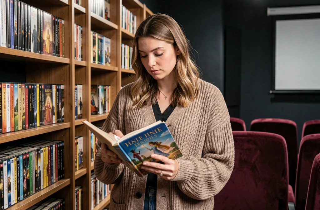 Femme tenant un livre de conte illustré devant une étagère de DVD d'adaptations cinématographiques pour la famille