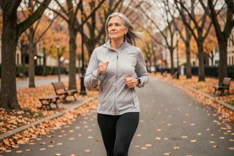 Femme d'une cinquantaine d'années marchant d'un pas rapide sur une allée bordée d'arbres en automne pour prendre soin de sa santé cardiovasculaire
