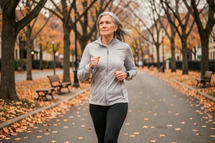Femme d'une cinquantaine d'années marchant d'un pas rapide sur une allée bordée d'arbres en automne pour prendre soin de sa santé cardiovasculaire