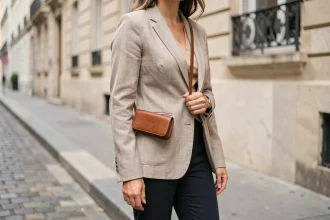 Femme élégante tenant un mini sac en cuir cognac dans une rue parisienne, style minimaliste chic