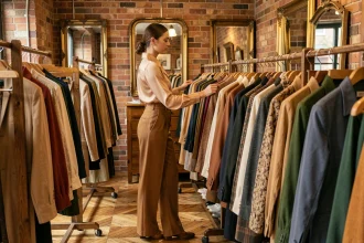 Femme en tenue vintage années 70 dans une boutique de vêtements rétro, explorant des tendances mode de saison