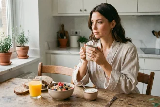 Femme savourant un petit-déjeuner équilibré avec granola, fruits frais et jus d'orange dans une cuisine moderne