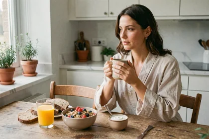 Femme savourant un petit-déjeuner équilibré avec granola, fruits frais et jus d'orange dans une cuisine moderne