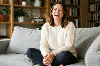 Femme souriante assise sur un canapé en lin gris, illustrant les bienfaits du rire sur la santé immunitaire
