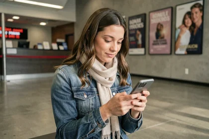 Jeune femme consultant des réductions de billets de cinéma sur son smartphone dans le hall d'un multiplex