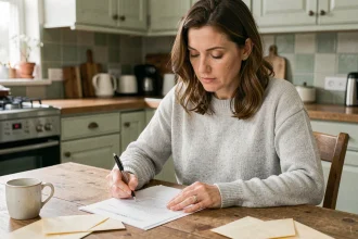 Femme remplissant une attestation d'hébergement à la table de sa cuisine