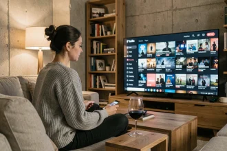Femme parcourant un catalogue de streaming sur sa télévision dans un salon moderne, illustrant l'impact des plateformes numériques sur la consommation de films