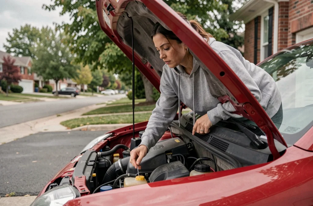 Femme vérifiant le niveau d'huile moteur de sa voiture avant un contrôle technique