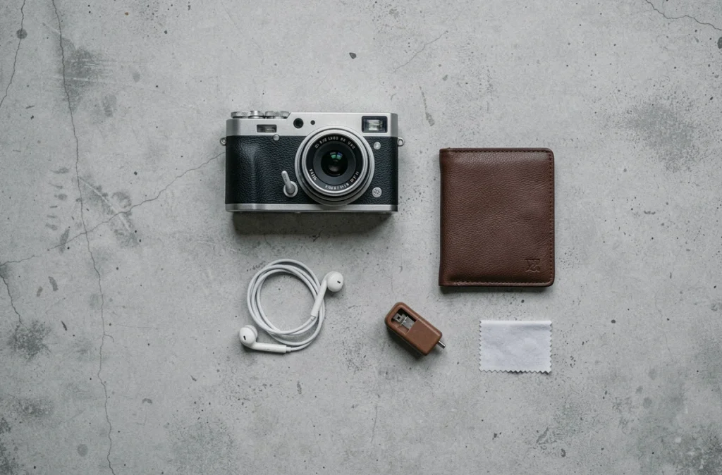 Flat lay d'un appareil photo compact entouré d'accessoires de voyage essentiels sur fond en béton minimaliste
