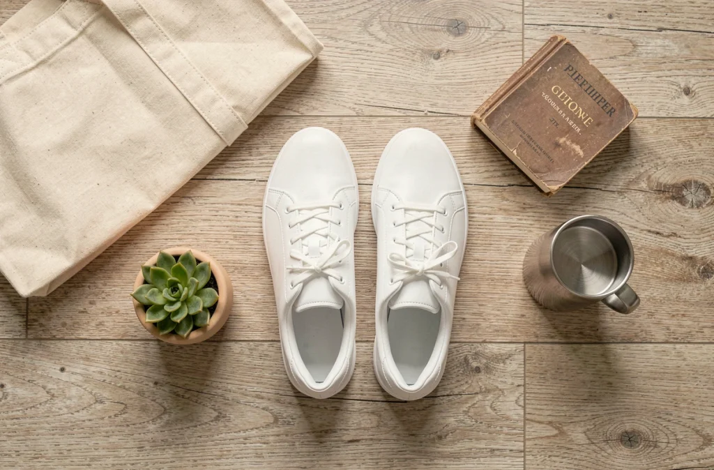 Flat-lay de baskets blanches minimalistes en cuir sur parquet chêne avec accessoires urbains lifestyle, vue de dessus