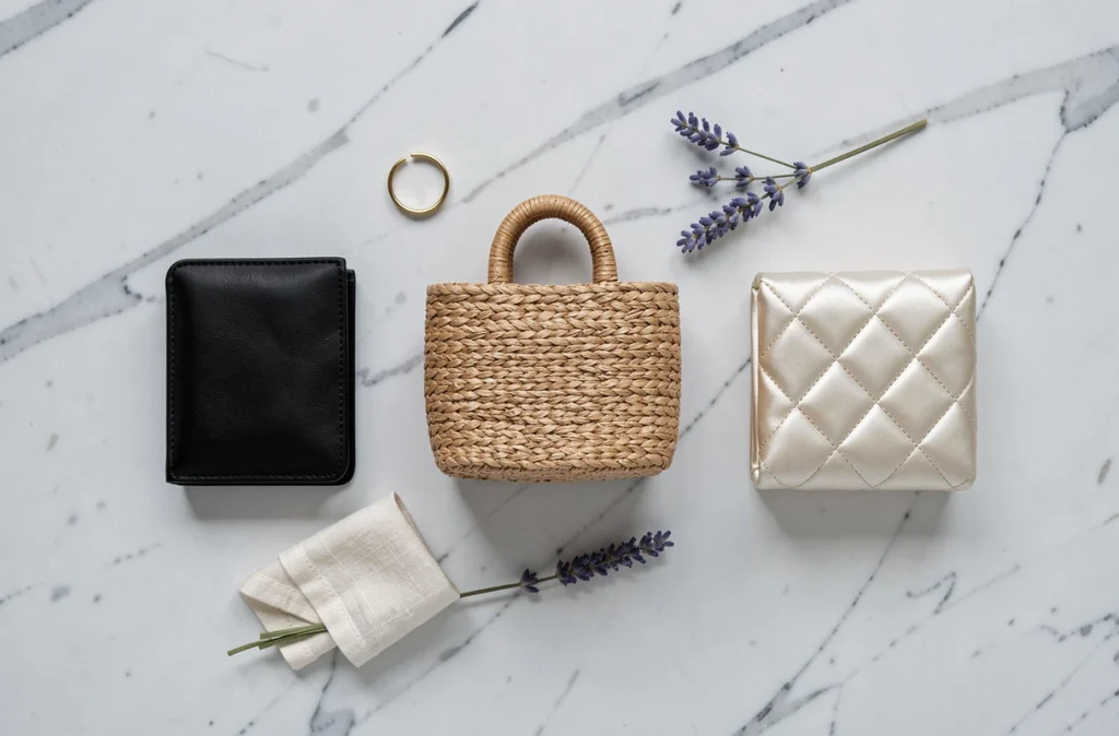 Flat lay de trois mini sacs aux matières différentes sur marbre blanc, esthétique minimaliste