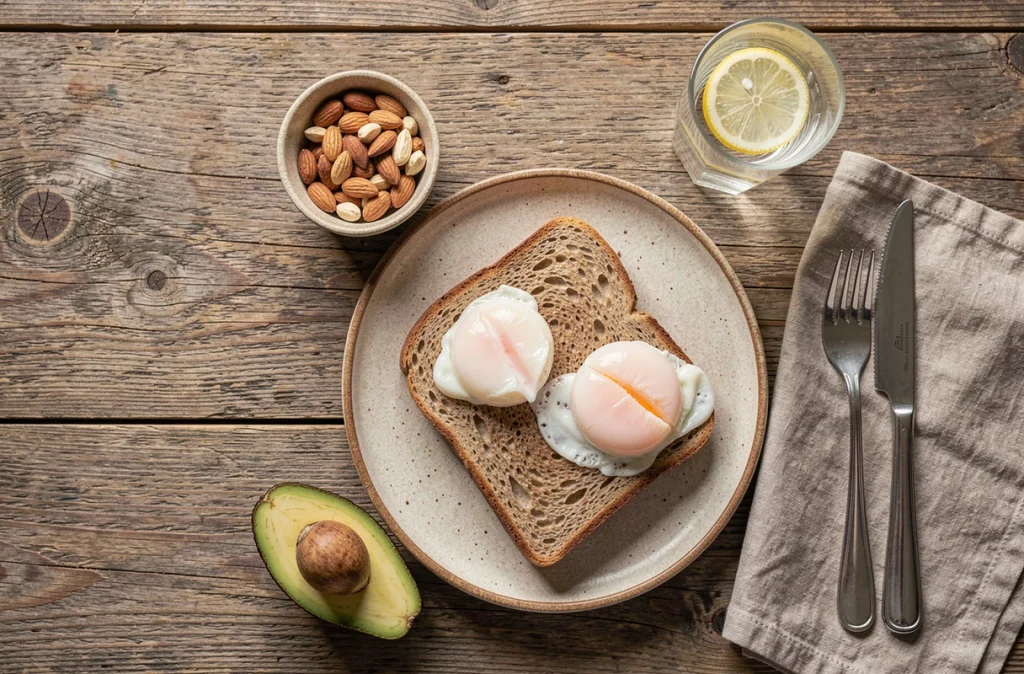 Vue aérienne d'un petit-déjeuner sain composé d'œufs pochés, d'avocat et de noix sur une table en bois rustique