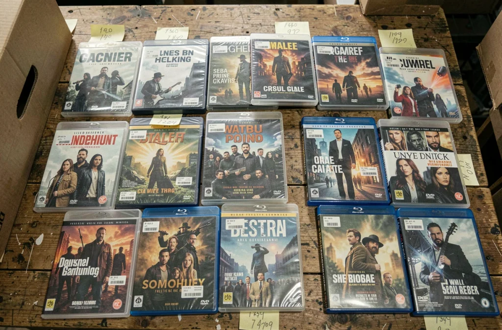 Vue en plongée de DVD et Blu-ray d'occasion étalés sur une table de marché aux puces