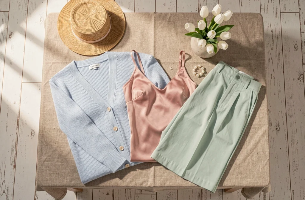 Plat posé de vêtements pastel printemps-été sur fond de lin brut avec accessoires de mode