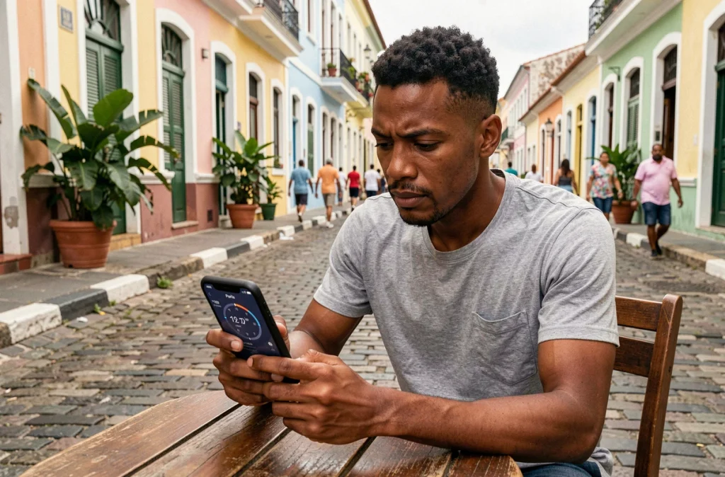Homme consultant une application de fuseau horaire sur son téléphone dans un café de Fort-de-France en Martinique