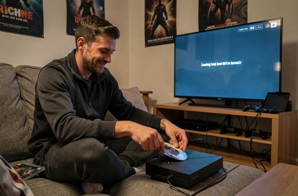 Gamer insérant un disque de jeu vidéo dans sa console depuis son salon après un achat click and collect