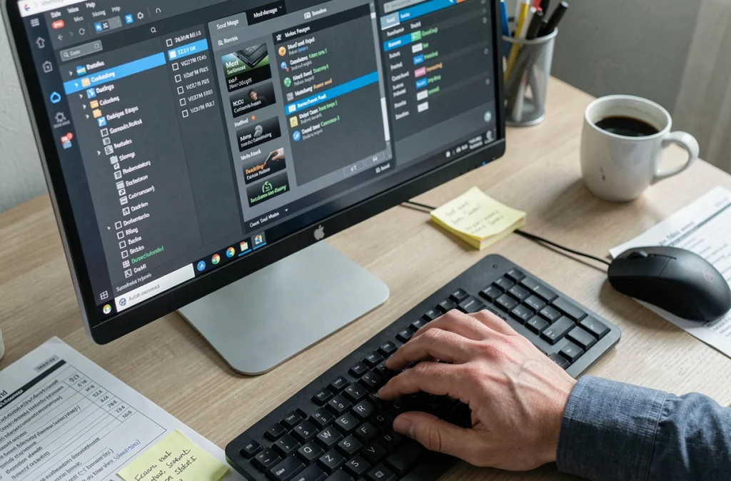 Gros plan sur un écran d'ordinateur affichant un gestionnaire de mods avec fichiers de configuration pour jeu de simulation