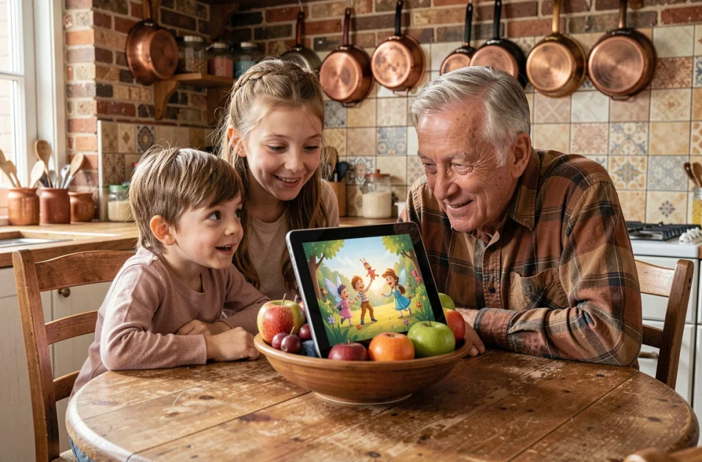 Grand-père et petits-enfants regardant une adaptation de conte classique sur tablette dans une cuisine familiale rustique