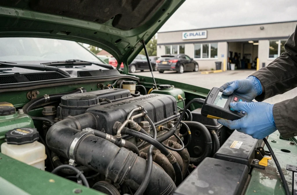 Gros plan sur un moteur diesel ouvert avec outil de diagnostic et mains de technicien en gants bleus