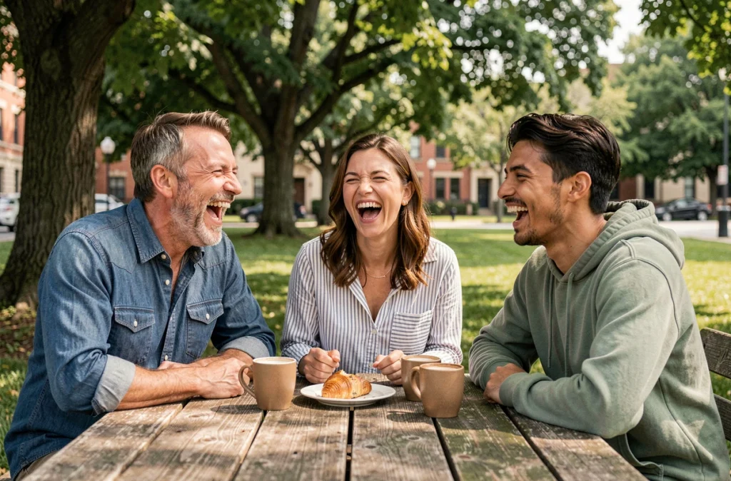 Groupe d'amis riant ensemble autour d'une table en bois dans un parc, symbolisant le lien entre le rire, le bien-être et l'immunité