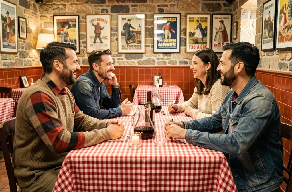 Un groupe d'adultes partage un repas convivial dans un bouchon lyonnais, symbolisant les rencontres amicales authentiques à Lyon via OVS
