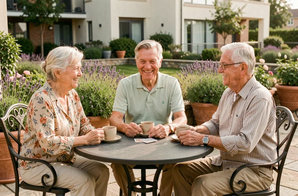 Trois résidents seniors profitent d'une activité sociale en terrasse dans une résidence services haut de gamme