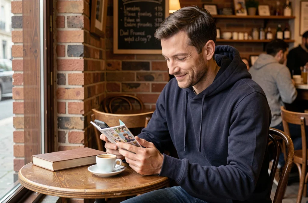 Homme consultant le catalogue de mangas de Sushiscan FR sur smartphone dans un café parisien