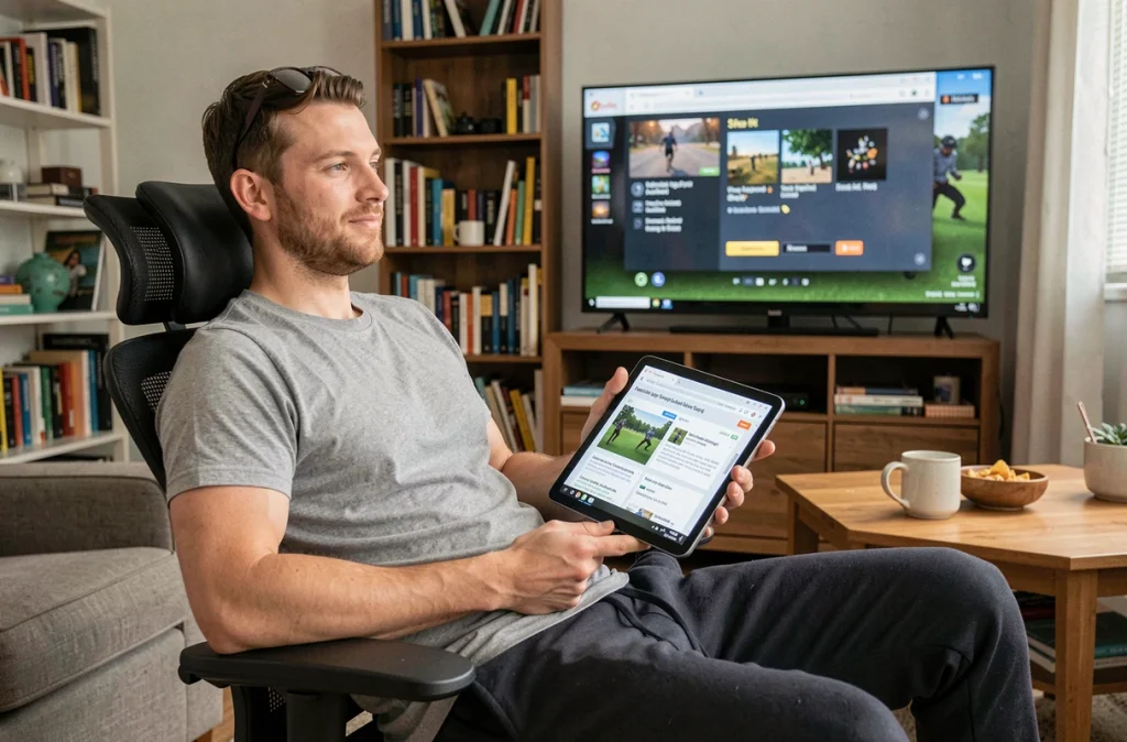 Homme consultant un guide d'installation de mods pour jeu de simulation sur tablette dans un salon gaming décontracté