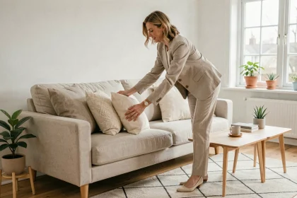 Home stager professionnelle arrangeant des coussins dans un salon rénové et minimaliste pour une mise en valeur immobilière