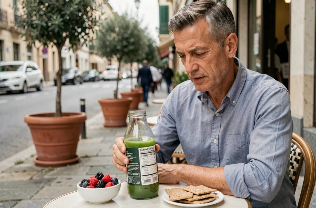 Homme attentif lisant l'étiquette nutritionnelle d'un jus de légumes à une terrasse de café, illustrant l'impact de l'alimentation sur la peau