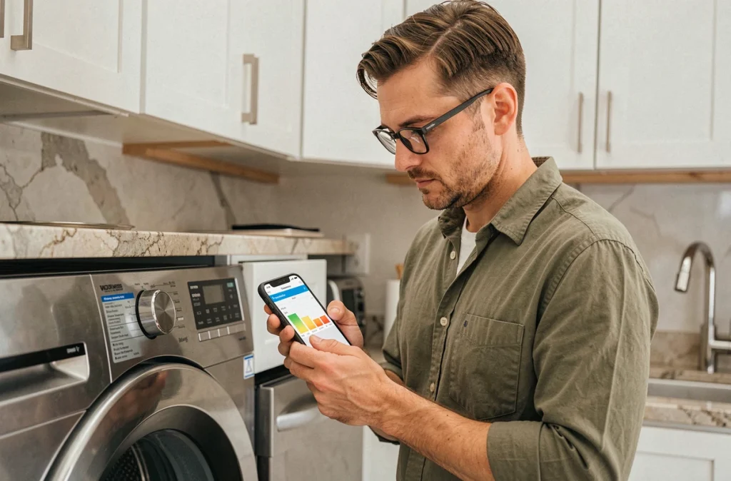 Homme consultant une application de conversion watt-ampère sur smartphone devant un appareil électroménager dans une cuisine moderne