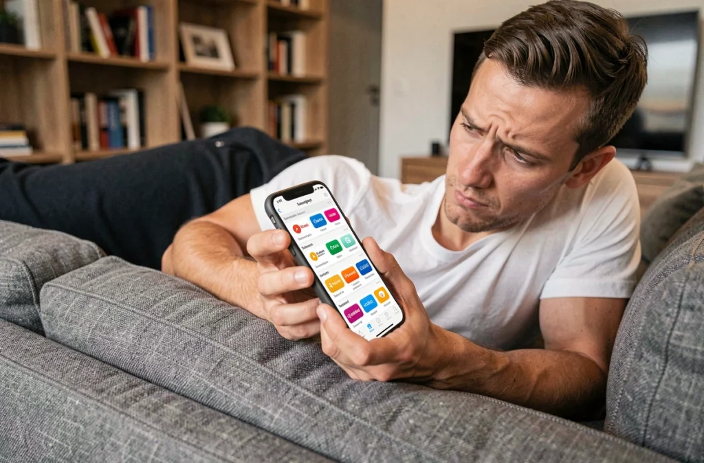 Homme consultant une application de gestion d'abonnements streaming sur son smartphone dans un salon