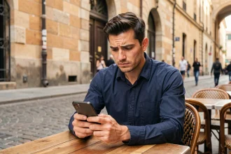 Un homme seul en terrasse à Lyon consulte une application de rencontres sur son smartphone, illustrant le mythe des rencontres amicales via OVS Lyon