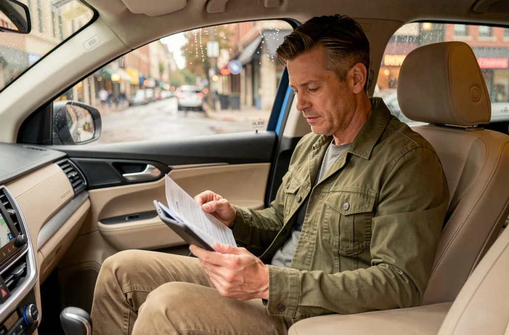 Homme consultant des documents d'assurance auto sur tablette à l'intérieur d'un véhicule de covoiturage en milieu urbain