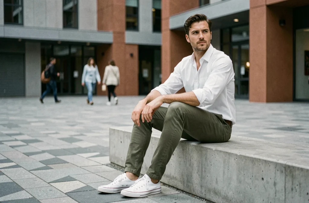 Homme assis sur un muret urbain en baskets blanches canvas, chino olive et chemise blanche, dans une place contemporaine de la ville