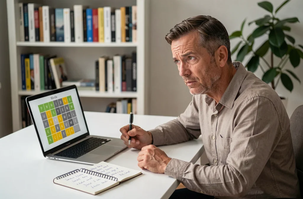 Homme anxieux prenant des notes devant un jeu de mots Wordle sur un ordinateur portable à son bureau