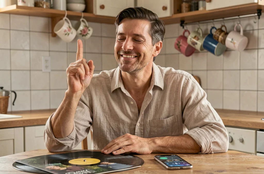 Homme reconnaissant une musique de film les yeux fermés lors d'un jeu en famille à la cuisine