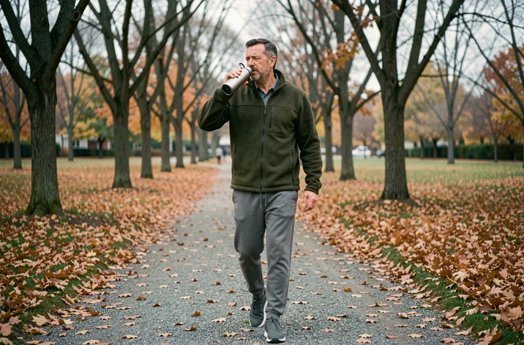 Homme buvant à une gourde en acier inoxydable dans un parc en automne pour lutter contre la fatigue saisonnière