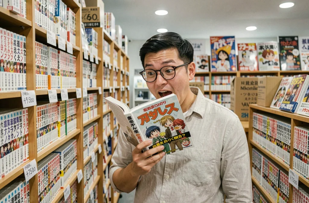 Homme surpris et enthousiaste feuilletant un volume de manga One Piece dans une librairie spécialisée manga