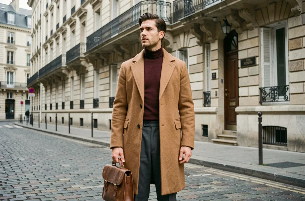 Homme élégant en manteau vintage années 50 dans une rue pavée européenne, tendances mode automne-hiver